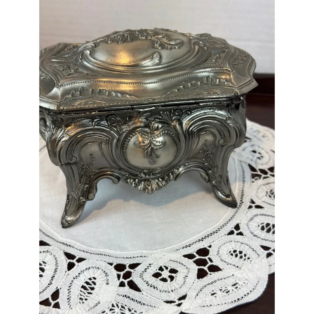 Vintage Ornate Silver Tone Footed Jewelry Casket Box Red Velvet Lining Rococo